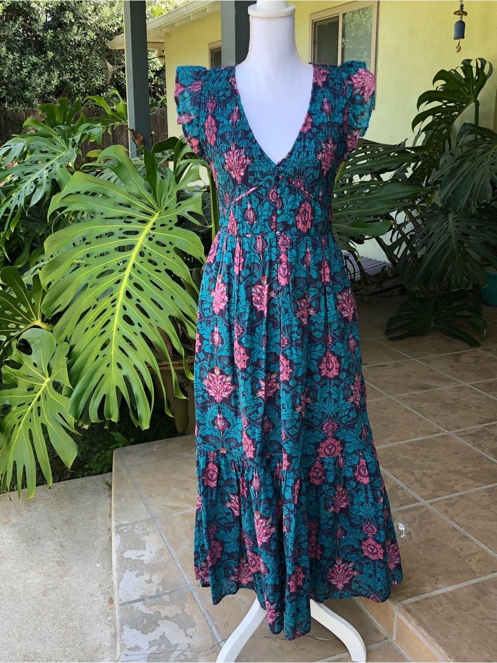 Anthropologie Peregrine Teal Maxi Dress with Pink Floral Print - Size S